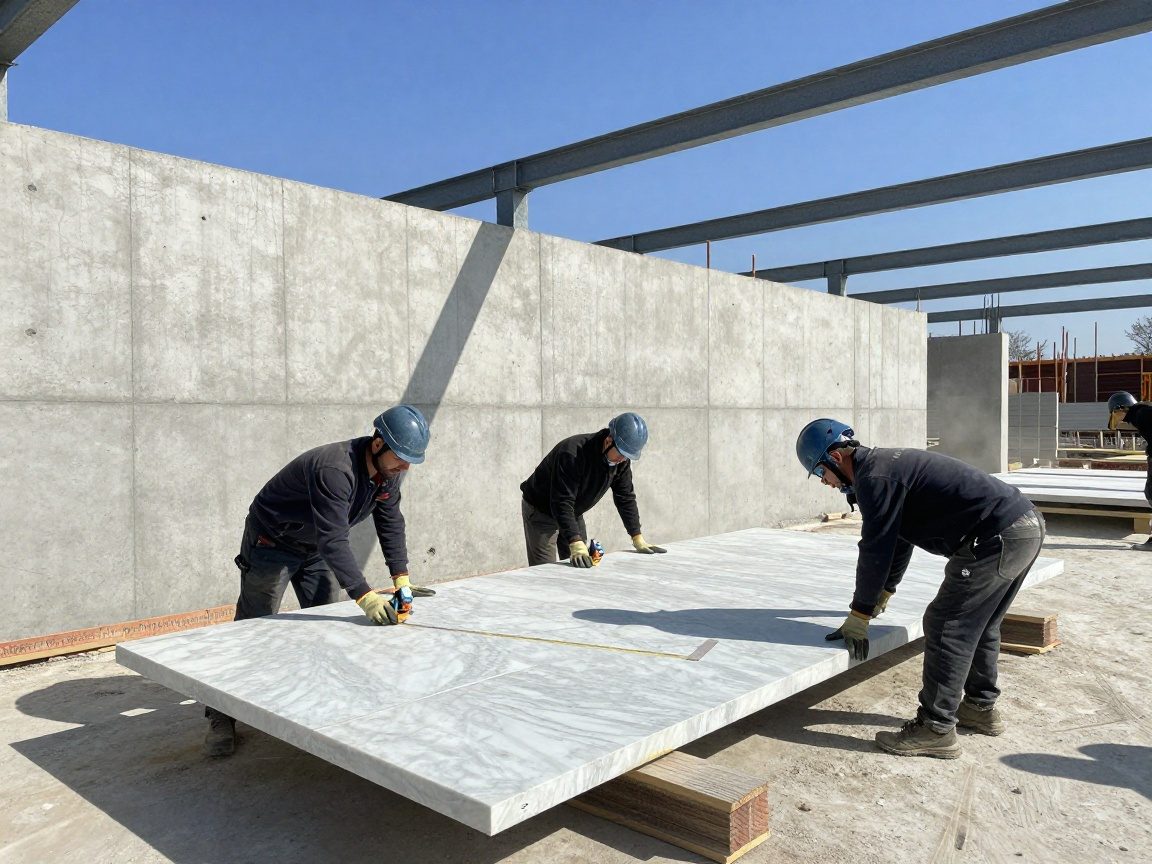 Maler messen mit Lasermessgerät an einer großen Marmorscheibe auf Baustelle in Deutschland