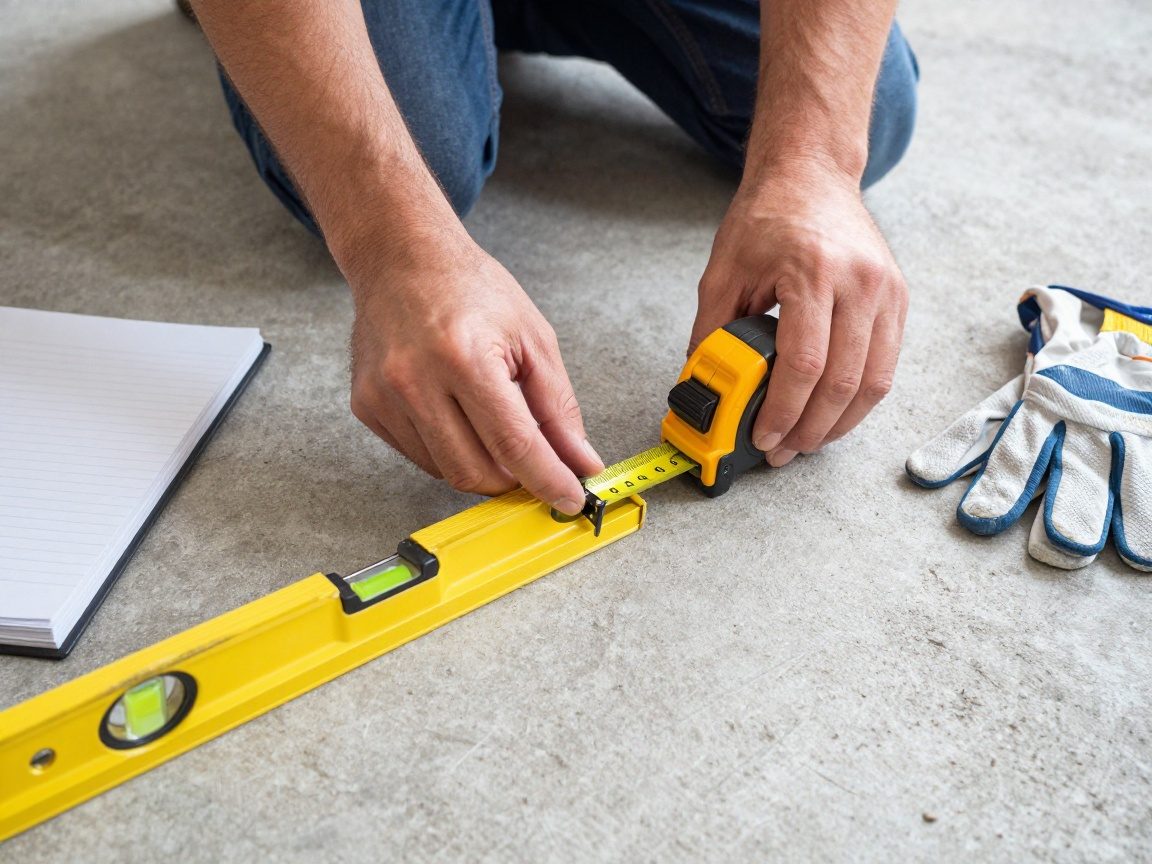 Handwerker legt digitale Maßband, Laser-Distanzmesser und Wasserwaage auf Betonboden, Notizblock und Schutzhandschuhe bereit.