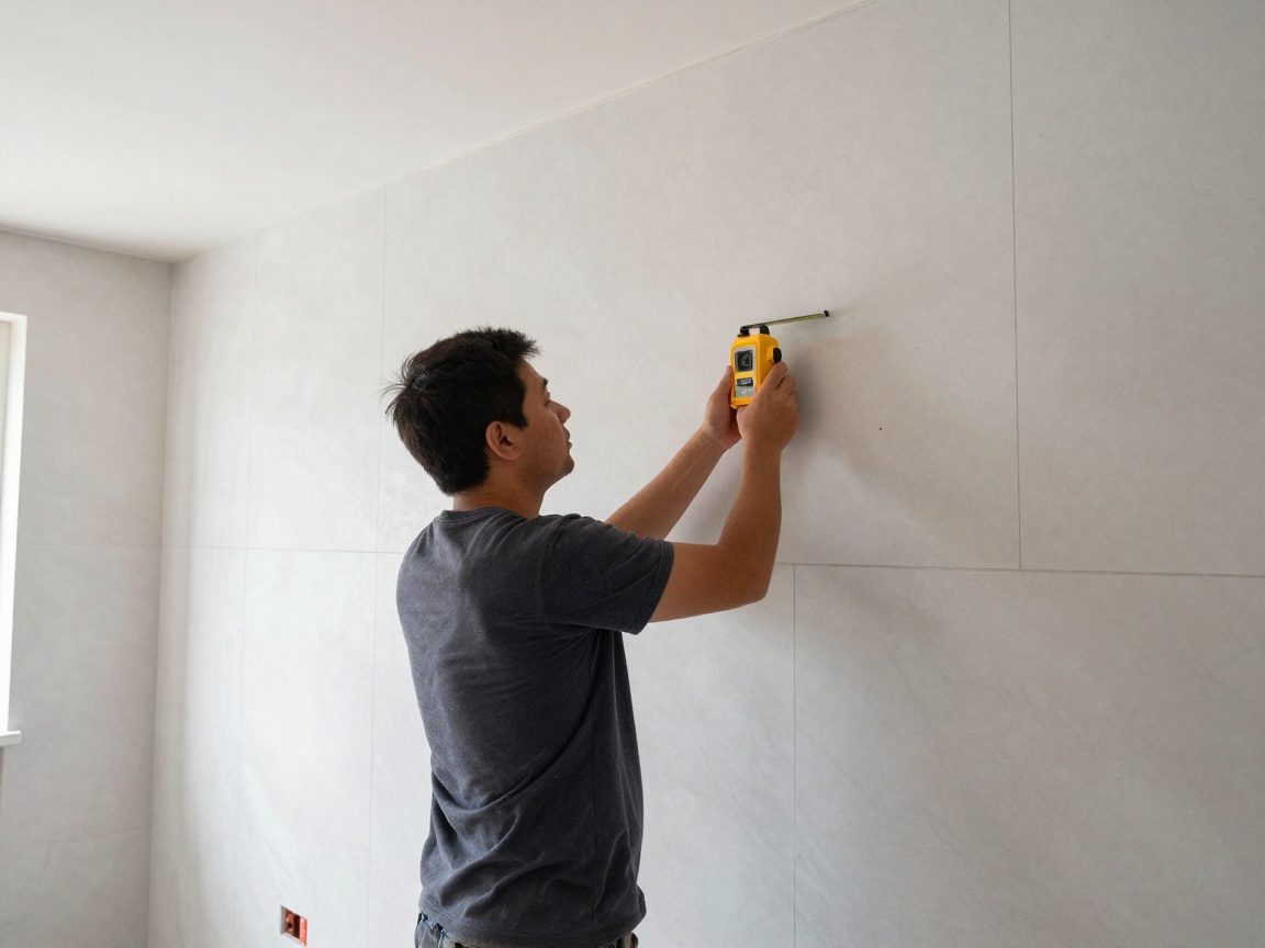 Maurer misst mit Laser-Distanzmesser die Höhe von Boden bis Decke an einer teilweise fertigen Marmorbalkonwand