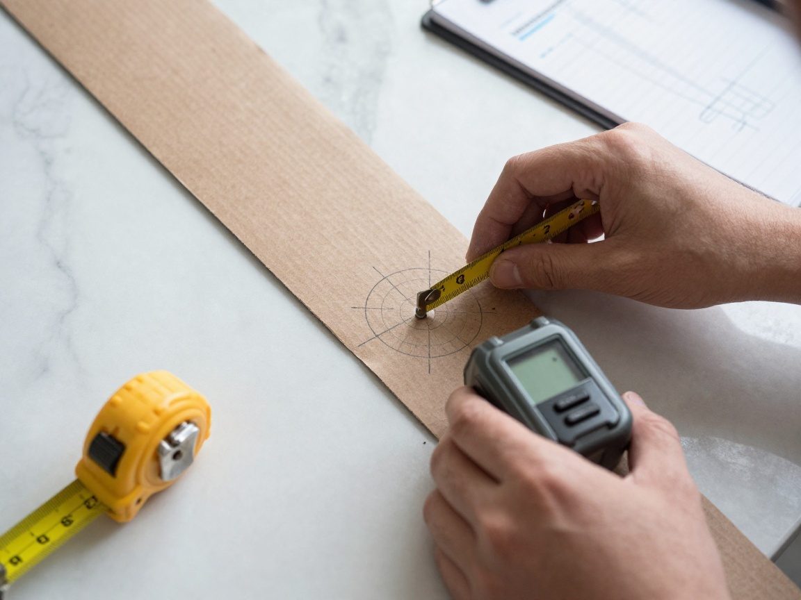 Maurer legt Kartonvorlage auf gewölbte Marmorschale, misst mit Lasermessgerät den Radius, daneben Maßband und Skizzenblock