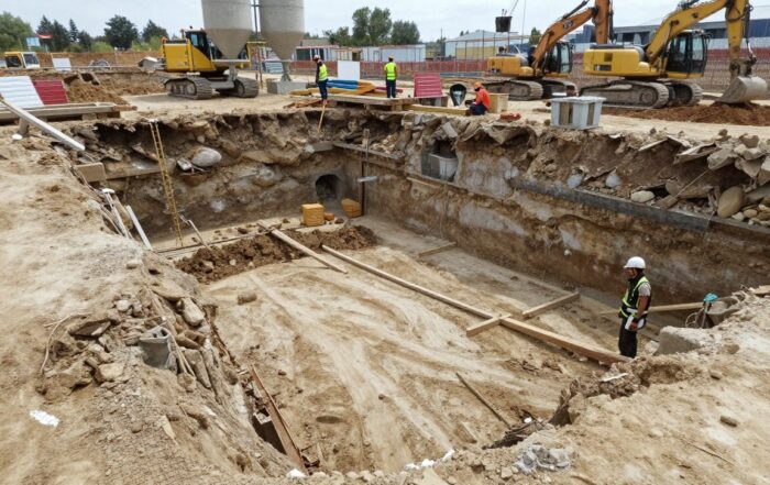 Breitwinkelaufnahme einer frisch ausgehobenen Baugrube in Deutschland mit Betonmischern, schweren Maschinen und Arbeitern in Helmen und Warnwesten