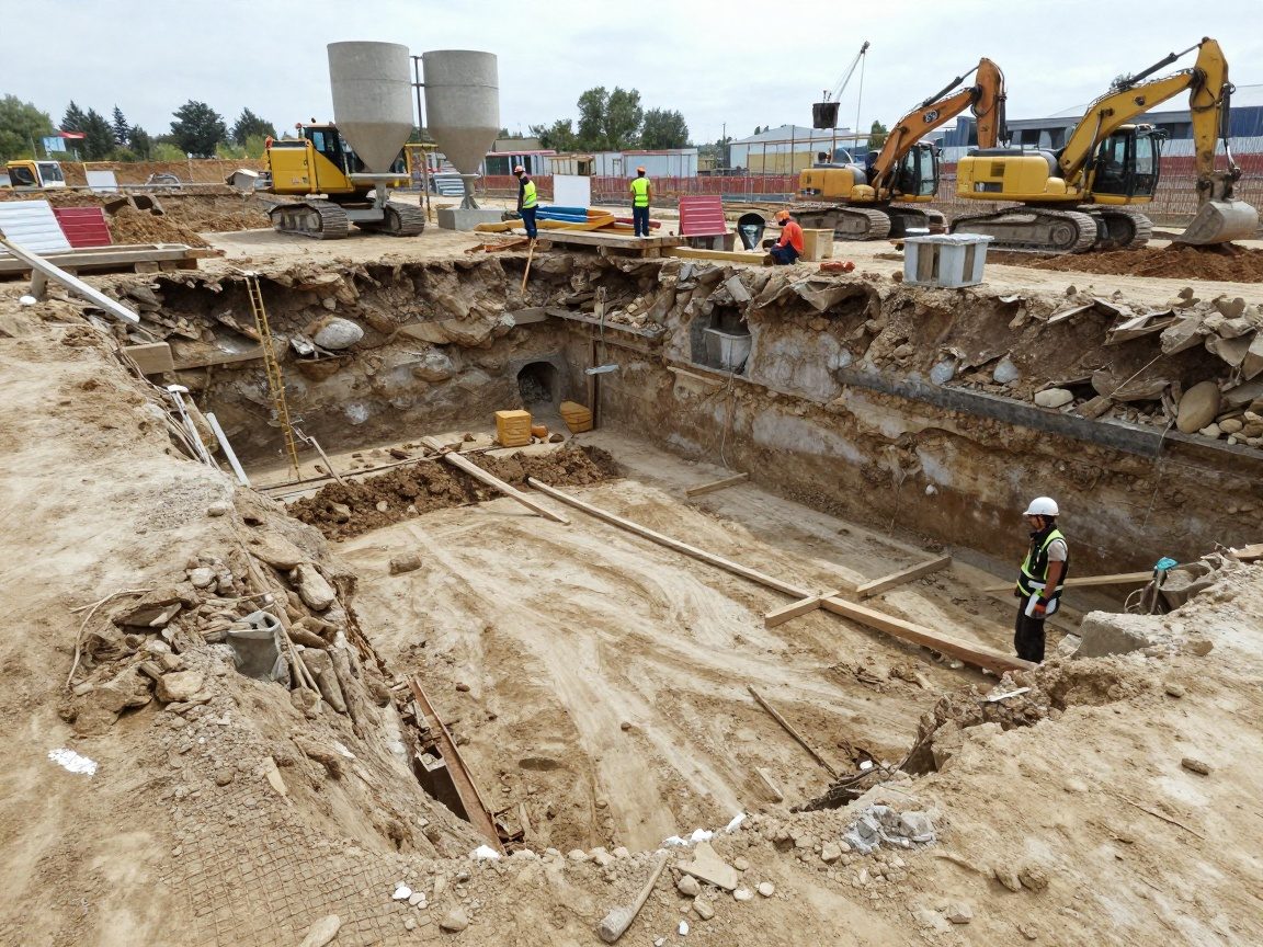 Breitwinkelaufnahme einer frisch ausgehobenen Baugrube in Deutschland mit Betonmischern, schweren Maschinen und Arbeitern in Helmen und Warnwesten