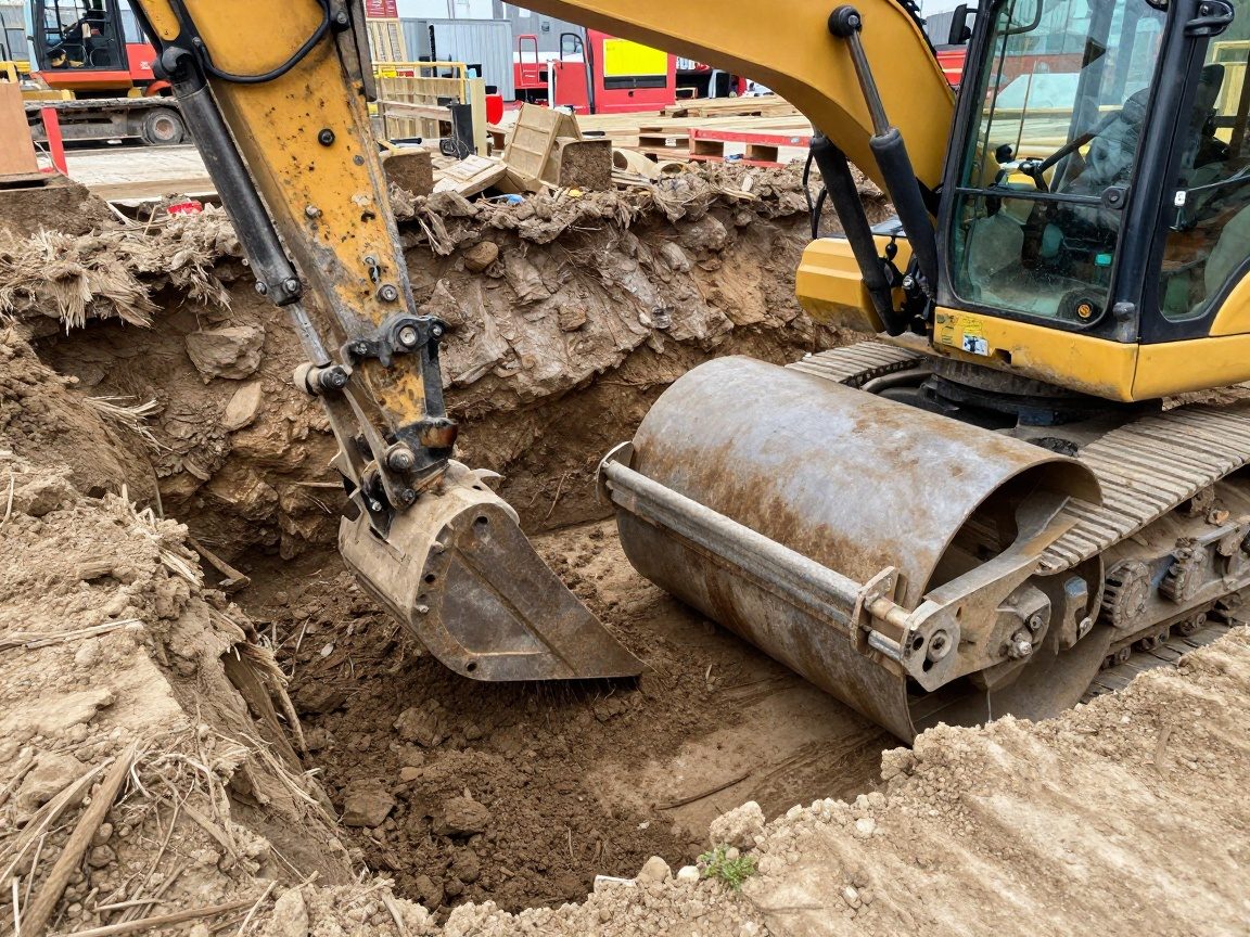 Bagger gräbt eine Fundamentgrube, während ein Walze den Boden verdichtet; deutsche Beschriftungen auf der Ausrüstung sind sichtbar.