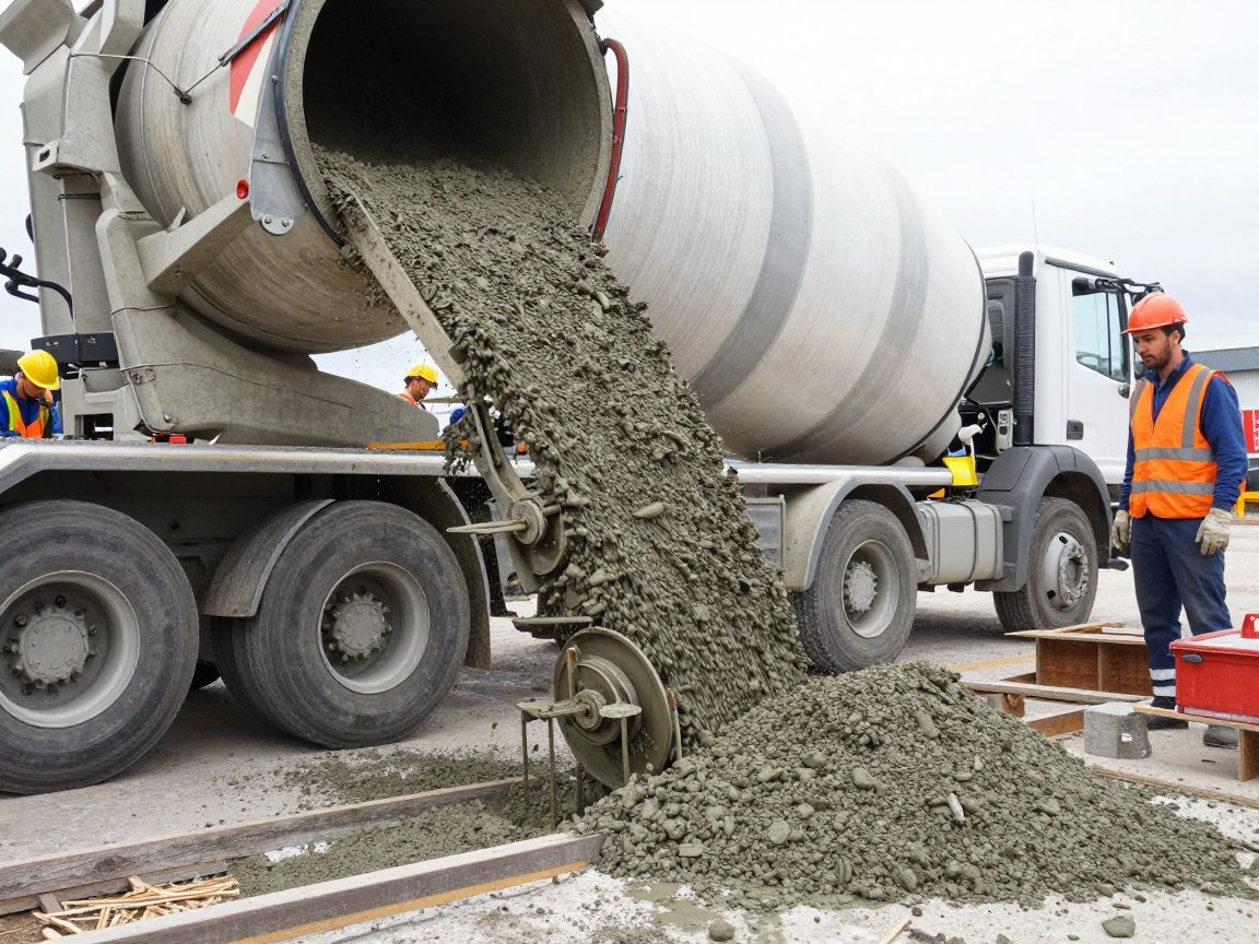 Betonmischerfahrzeug gießt frischen Beton in eine Schalung, während ein Vibrationstisch den Mix verdichtet; deutsche Maurer tragen Schutzhelme und Westen