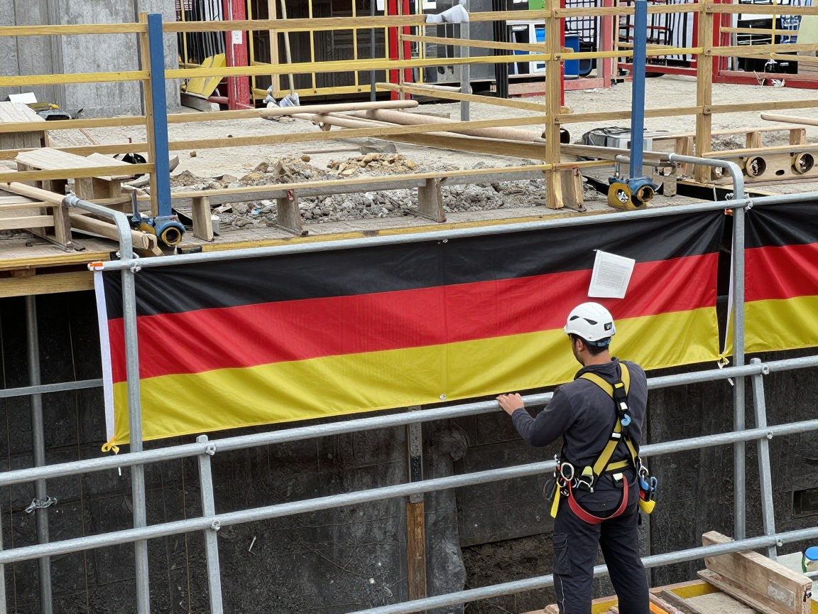 Handwerker mit Helm und Sicherungsleinen prüft die Absicherung eines Fundamentlochs auf einer Baustelle