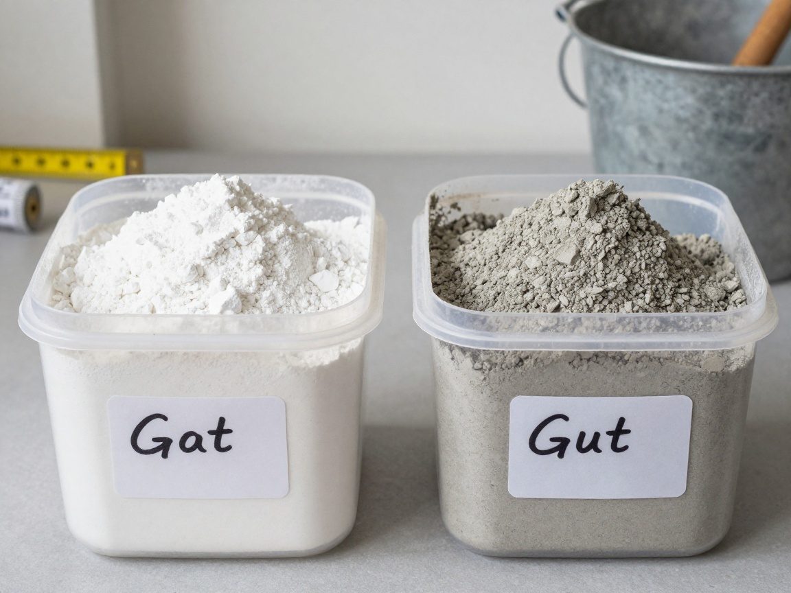 Zwei beschriftete Behälter auf einer Werkbank: ein weißer Gipspulverbehälter und ein grauer Zementmischbehälter, daneben Maßband und Mischbecher