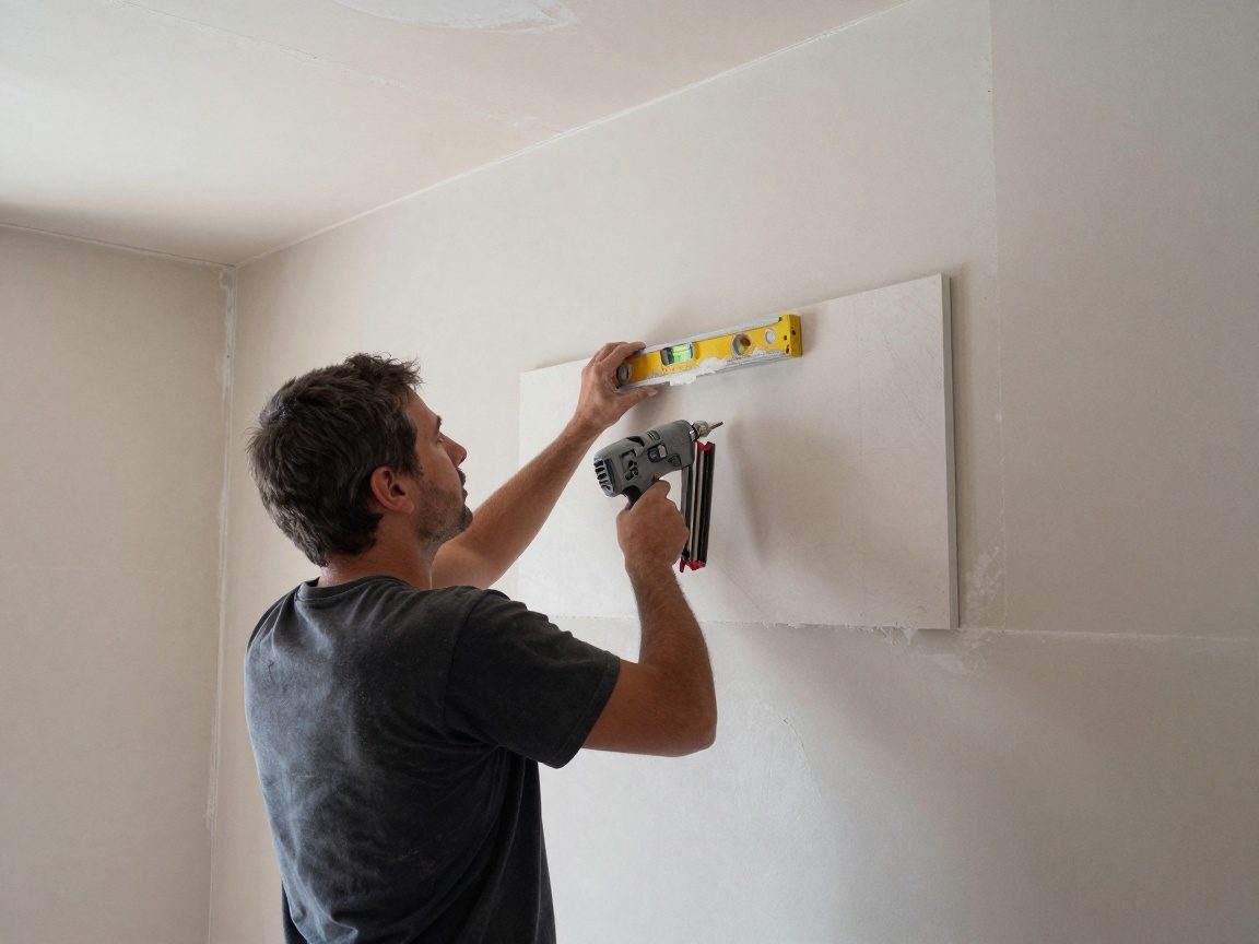 Ein Stukkateur legt ein Gipskarton-Panel an einer Innenwand, nutzt eine Wasserwaage und einen Nagelgun.