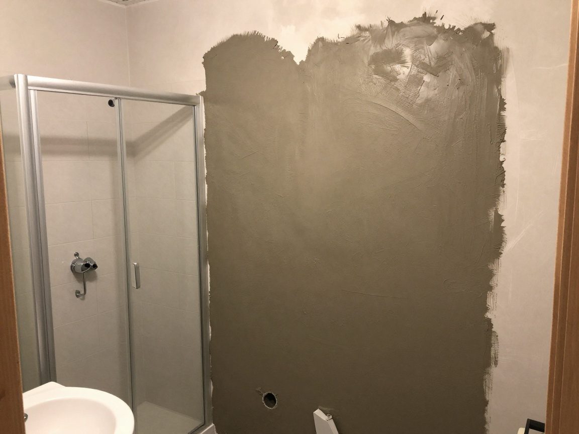 Ein Stukkateur trägt wasserabweisenden Zementputz an einer Wand in einem Badezimmer auf, um Feuchtigkeit zu verhindern.