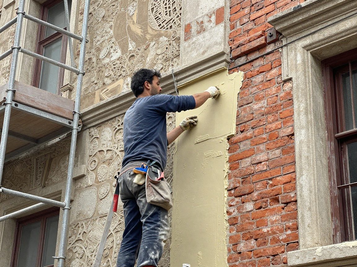 Malerisch detailreicher Schweißer, der auf einer alten Ziegelfassade kalkhaltigen Putz anwendet, während ein Gerüst im Hintergrund steht