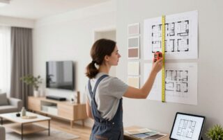 Professioneller Innenarchitekt misst Wandabmessungen mit Laser-Entfernungsmesser in modernem deutschem Wohnzimmer, umgeben von Grundrissen, Farbproben und Tablet