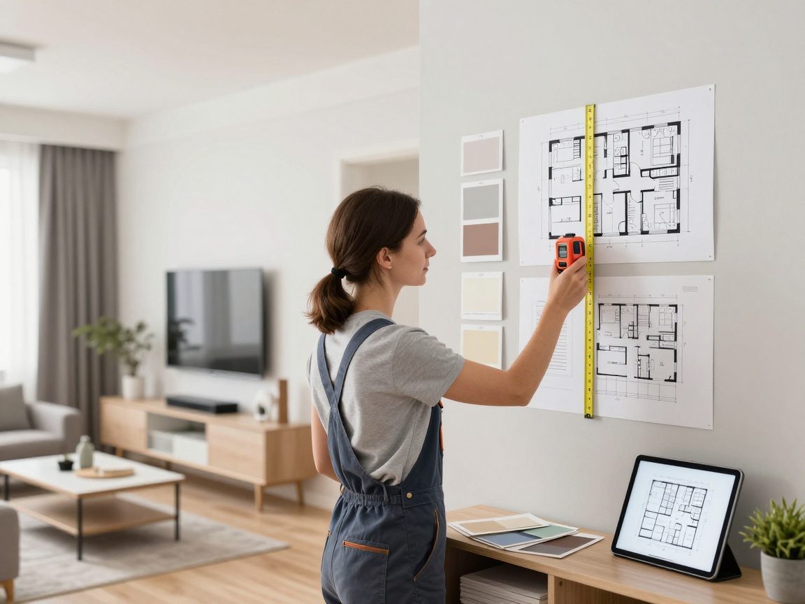 Professioneller Innenarchitekt misst Wandabmessungen mit Laser-Entfernungsmesser in modernem deutschem Wohnzimmer, umgeben von Grundrissen, Farbproben und Tablet