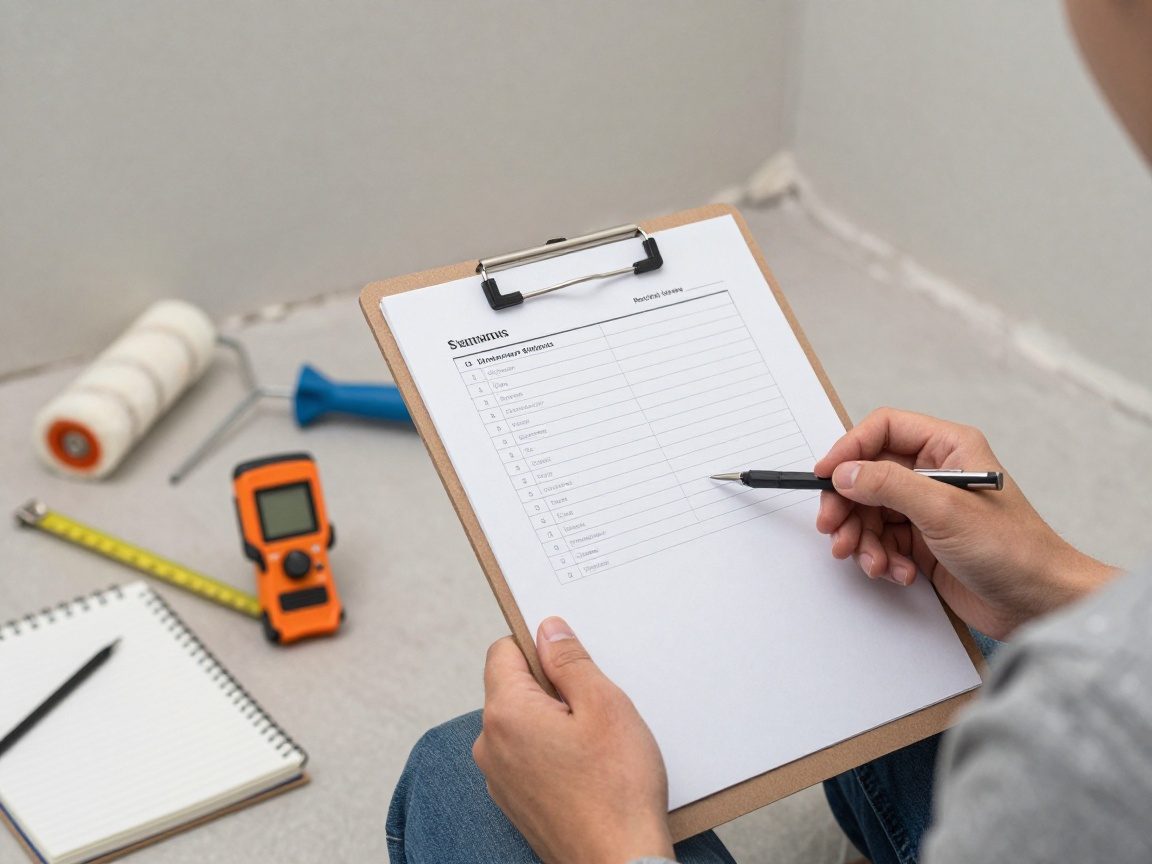 Designer hält ein Clipboard mit Checkliste, neben einem Lasermessgerät und Notizblock; Hintergrund zeigt unvollendete Wand mit Farbroller und Maßband.