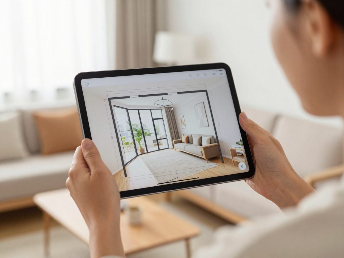 Innenarchitekt nutzt ein Tablet, um die Raummaße in einem hellen Wohnzimmer zu erfassen und einen Echtzeit-Floorplan anzuzeigen