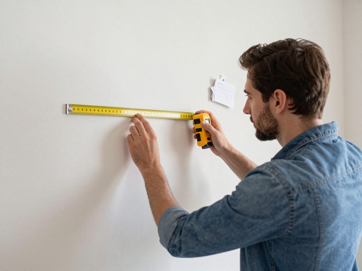 Designer prüft präzise Messungen an einer Wand mit Lasermessgerät und Lineal, um Aufmaß für Raumausstattung zu dokumentieren