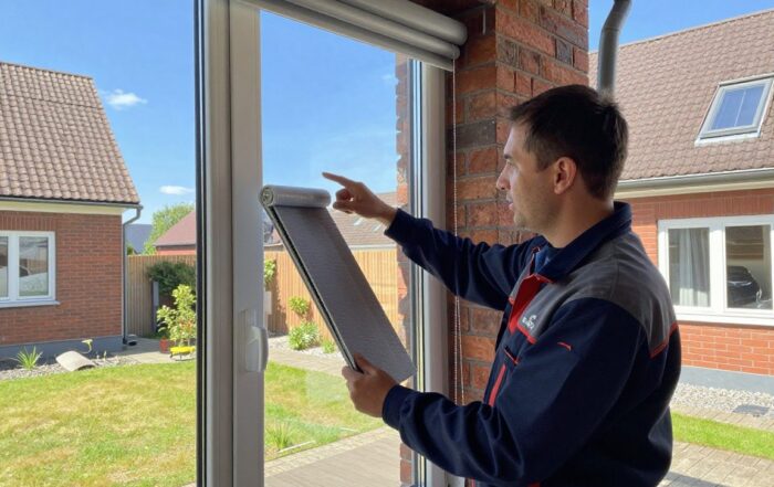 Rolladenbauer zeigt einem Hausbesitzer ein Beispiel-Rolladensystem an einer großen Fensterfront im sonnigen Innenhof eines deutschen Einfamilienhauses