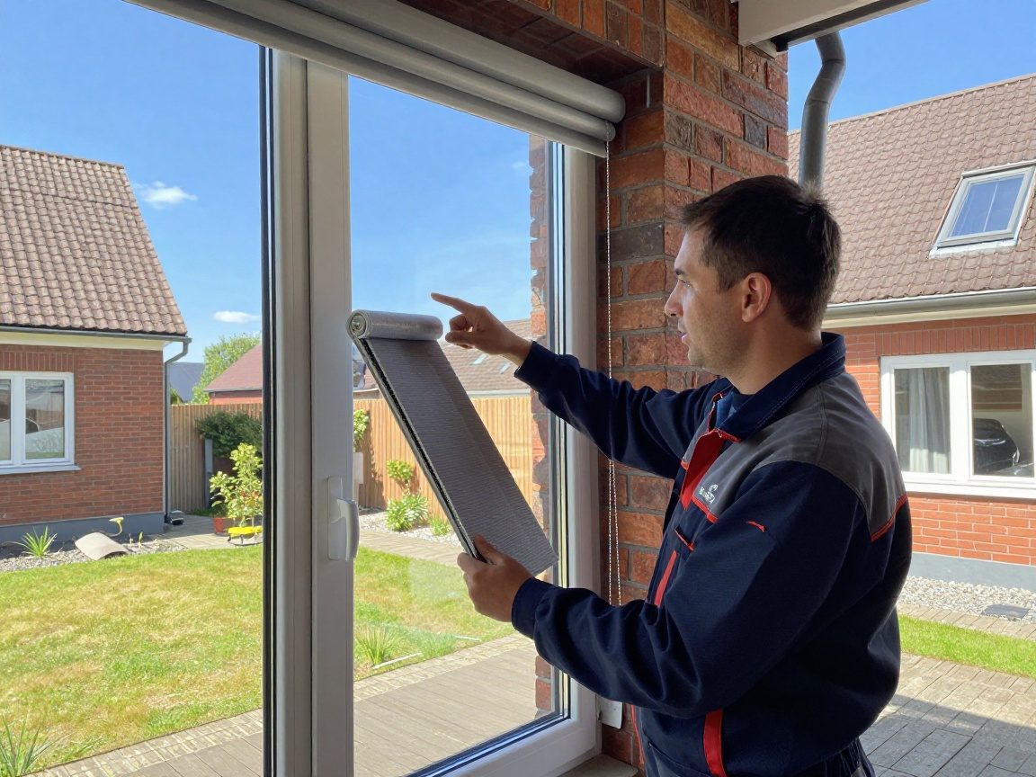Rolladenbauer zeigt einem Hausbesitzer ein Beispiel-Rolladensystem an einer großen Fensterfront im sonnigen Innenhof eines deutschen Einfamilienhauses