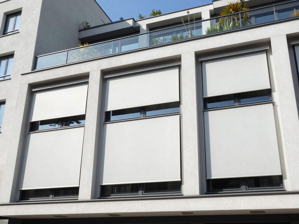 Breite Ansicht einer modernen deutschen Wohnung mit vollständig geschlossenen, undurchsichtigen Rollläden über den Fenstern