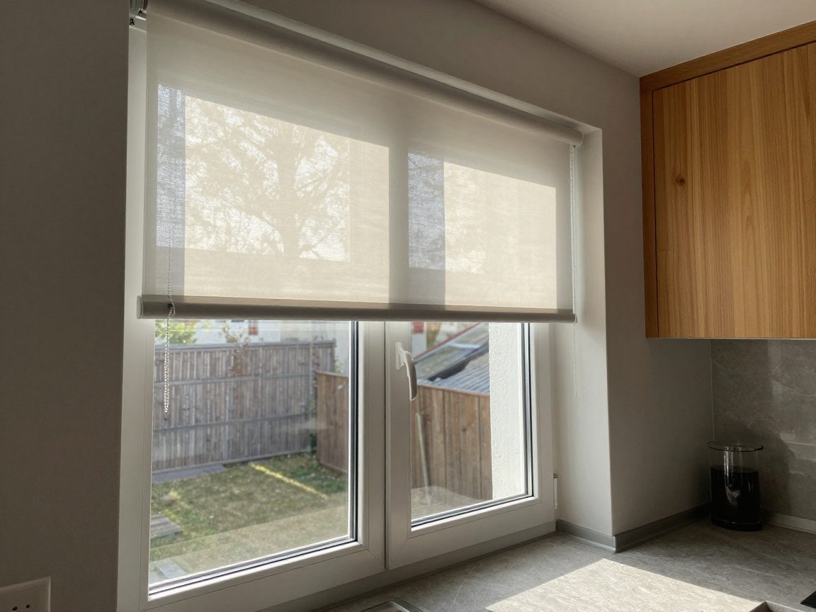 Halbtotaler Blick auf ein deutsches Küchenfenster mit motorisiertem Rollladen, teilweise geöffnet, um das Innenleben zu zeigen; der Rollladen besteht aus lichtreflektierendem Stoff, die Küche hat Holzhintergründe und einen Steinküchenboden.