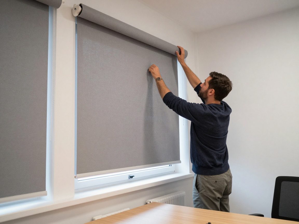 Ein Handwerker befestigt akustische Rollläden an einem Fenster in einem ruhigen deutschen Büro mit weißen Wänden und Holzschreibtisch