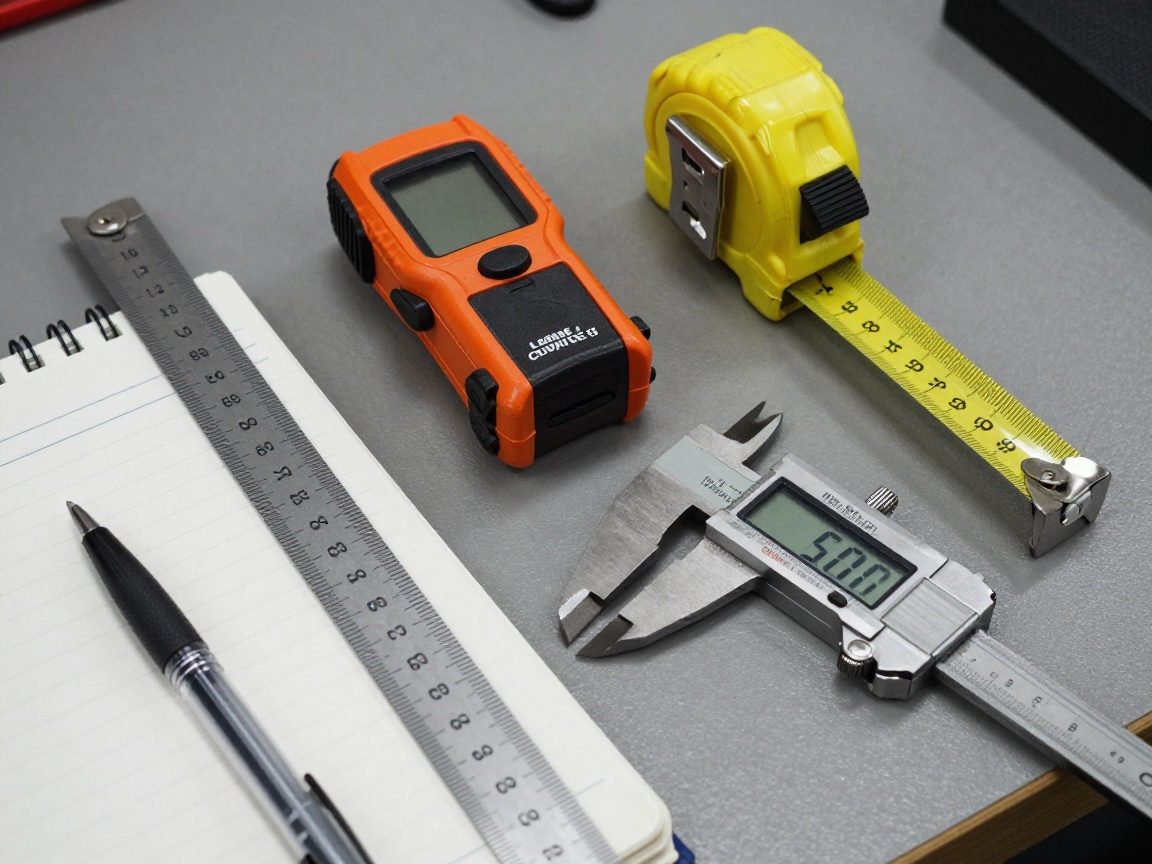 Detailaufnahme eines Messkits: Lineal, Laserdistanzmesser, Maßband, digitale Schieblehre und Notizblock mit Stift auf einer Arbeitsplatte