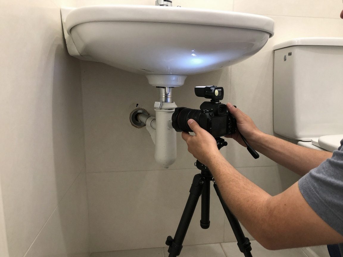 Techniker mit Kamera auf Stativ fotografiert vorhandene Sanitärinstallationen – Waschbecken, Toilette und Rohrverbindungen im Badezimmer