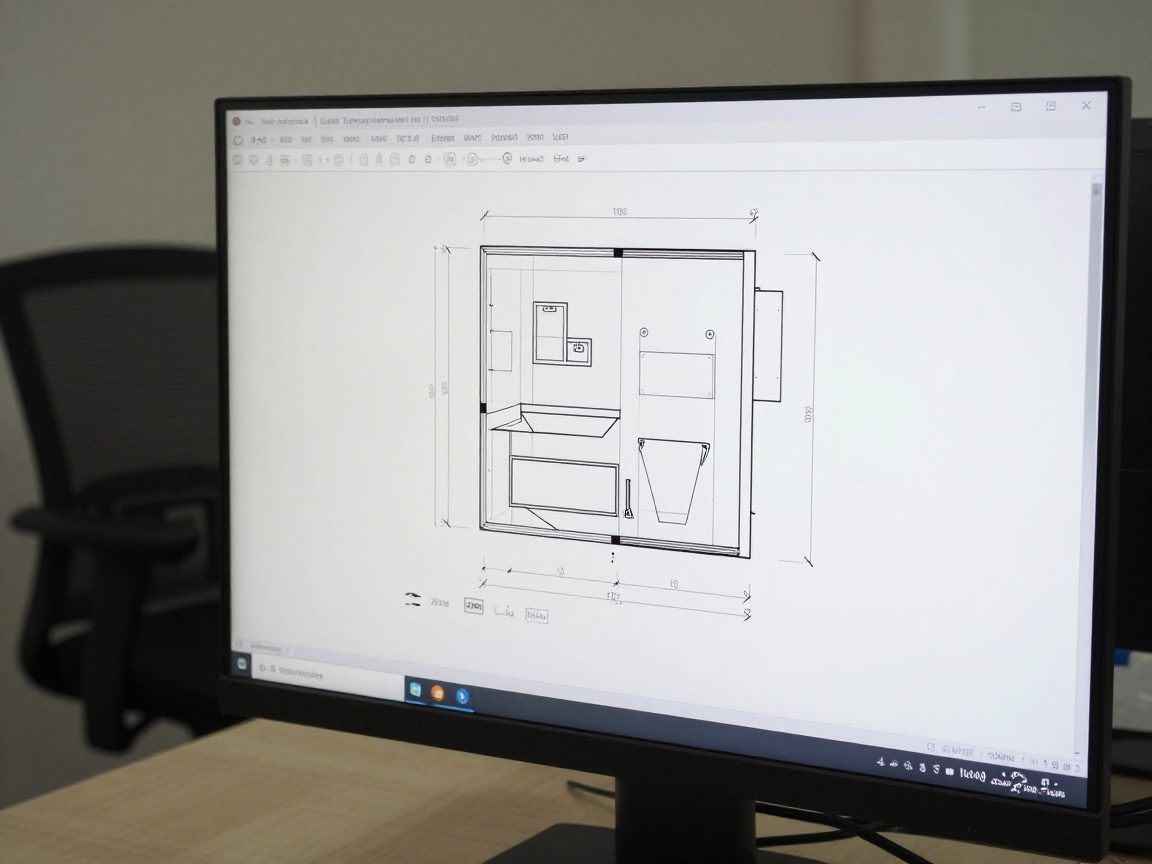Computerbildschirm zeigt ein CAD-Zeichnung von Badezimmer-Wasserinstallationen mit Maßen und Beschriftungen, ergonomischer Bürostuhl im Hintergrund