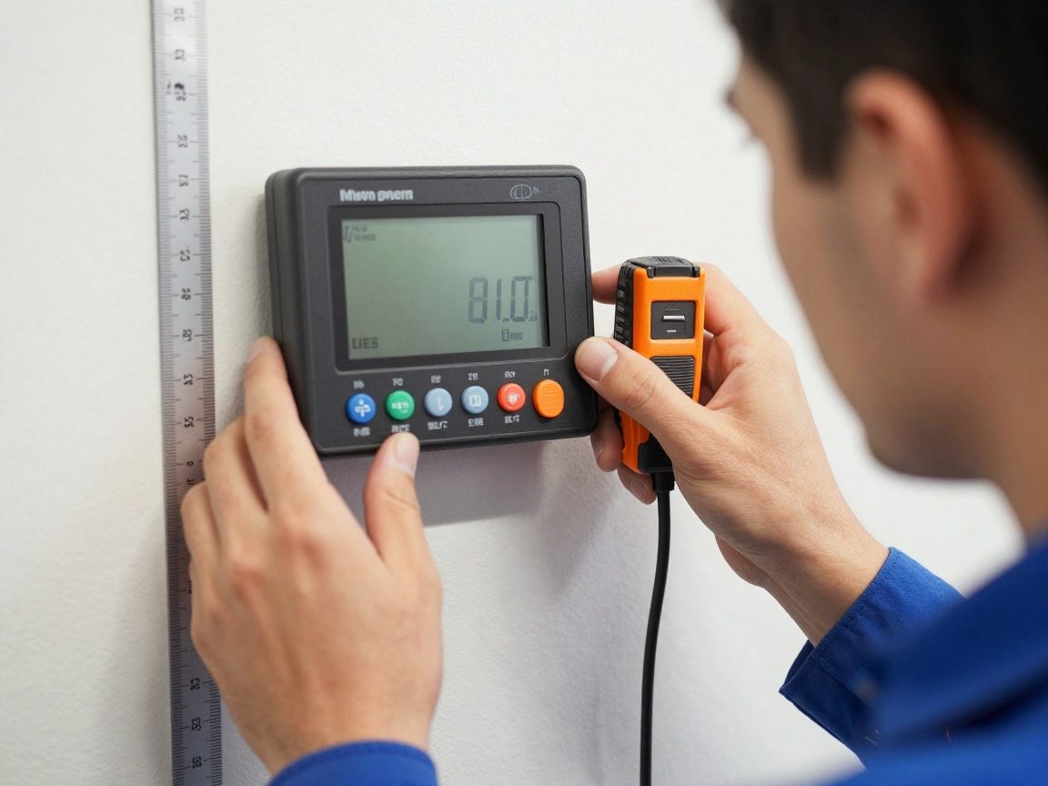 Techniker in deutschem Sanitärbetrieb überprüft mit Lineal und Lasermesser die genauen Abmessungen auf einem digitalen Display