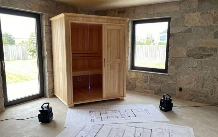 Weitwinkelaufnahme eines modernen deutschen Innenraums mit teilweise gebauter Sauna-Kabinett, detaillierten Grundrissen und Laserscanning-Ausrüstung auf dem Boden
