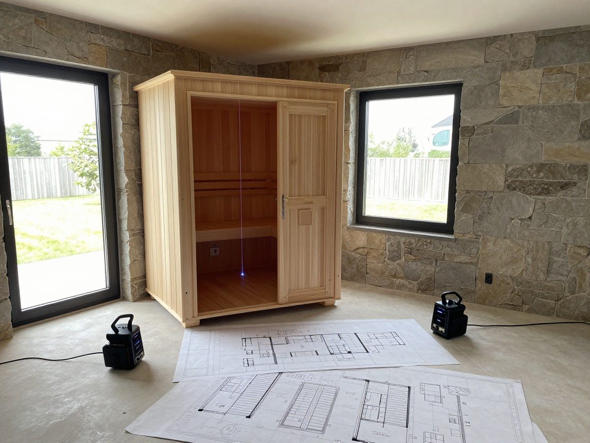 Raumvermessung und -beurteilung im Saunabau Weitwinkelaufnahme eines modernen deutschen Innenraums mit teilweise gebauter Sauna-Kabinett, detaillierten Grundrissen und Laserscanning-Ausrüstung auf dem Boden