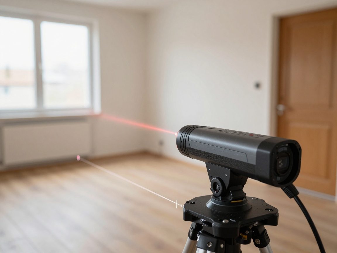 Nahaufnahme eines Laserscanners, der präzise Messungen von Wänden, Fenstern und Türen in einem deutschen Haus erfasst