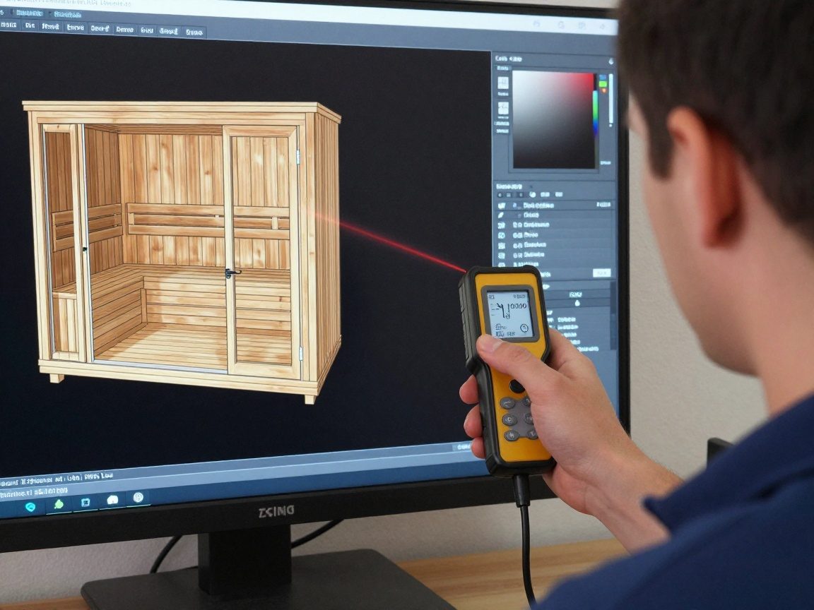 Techniker in einem deutschen Sauna-Bereich hält einen Handlaser-Distanzmesser vor einem CAD-Bildschirm mit 3D-Modell eines Saunaraums