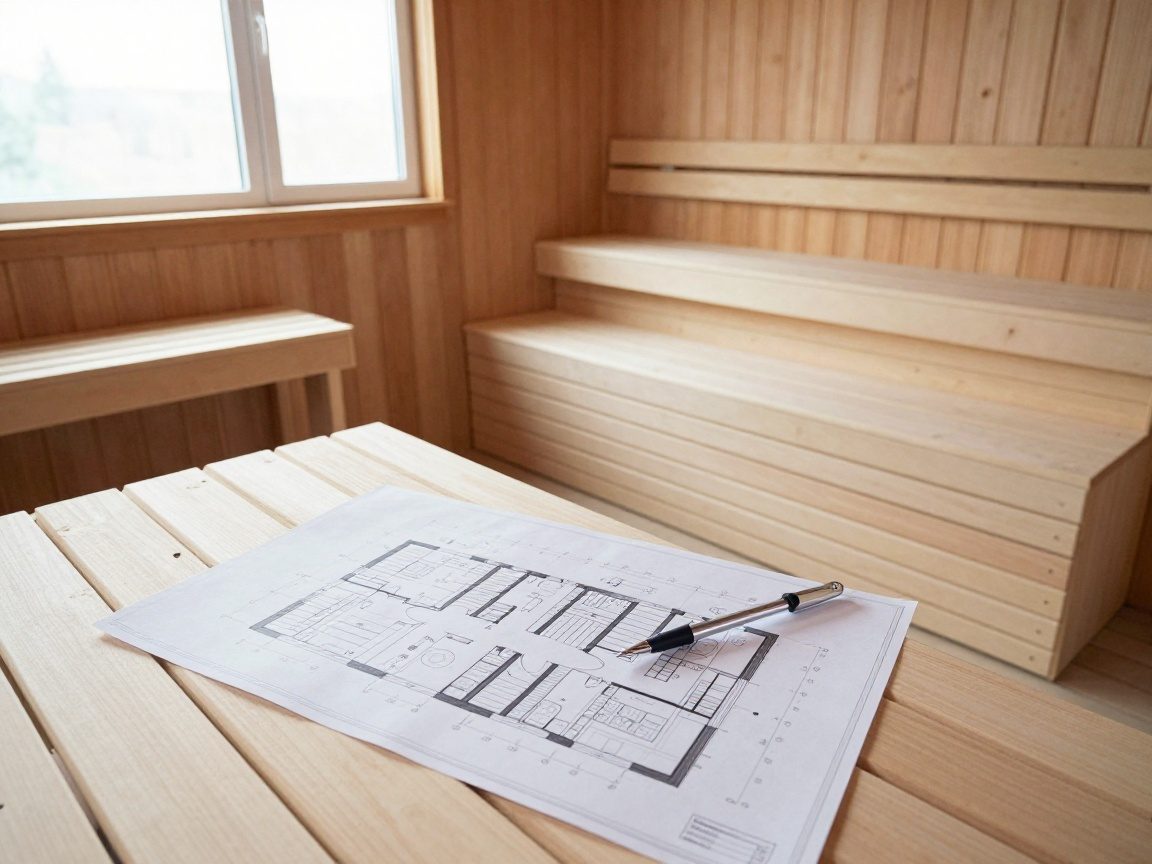 Breitwinkelaufnahme eines Ingenieurs, der einen detaillierten Grundriss und ein physisches Saunamockup in einem deutschen Werkstattraum betrachtet – Holzdetails, realistische Texturen und natürliches Licht aus Fenstern.