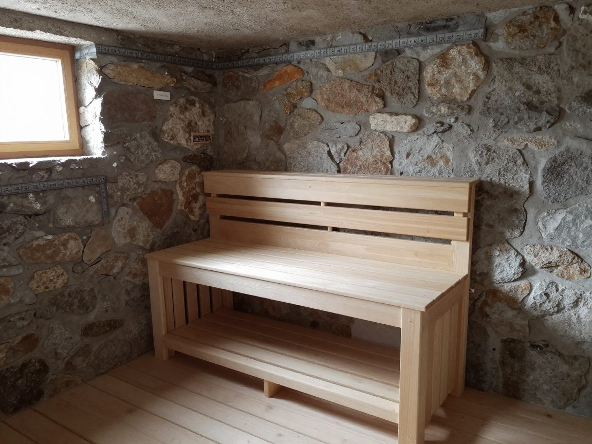 Realistisches Foto einer fertigen kleinen Sauna in der Ecke eines deutschen Kellers mit Steinwänden, Holzboden und natürlichem Licht durch ein kleines Fenster