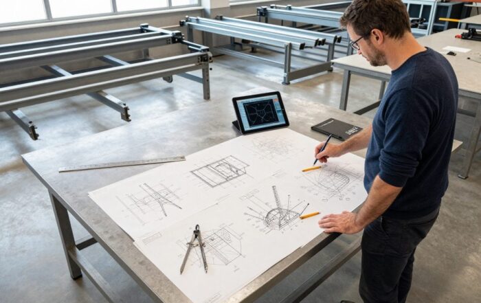 Ingenieur steht neben einem großen Stahl-Zeichentisch mit technischen Skizzen, Lineal, Zirkel und Tablet in moderner Werkstatt