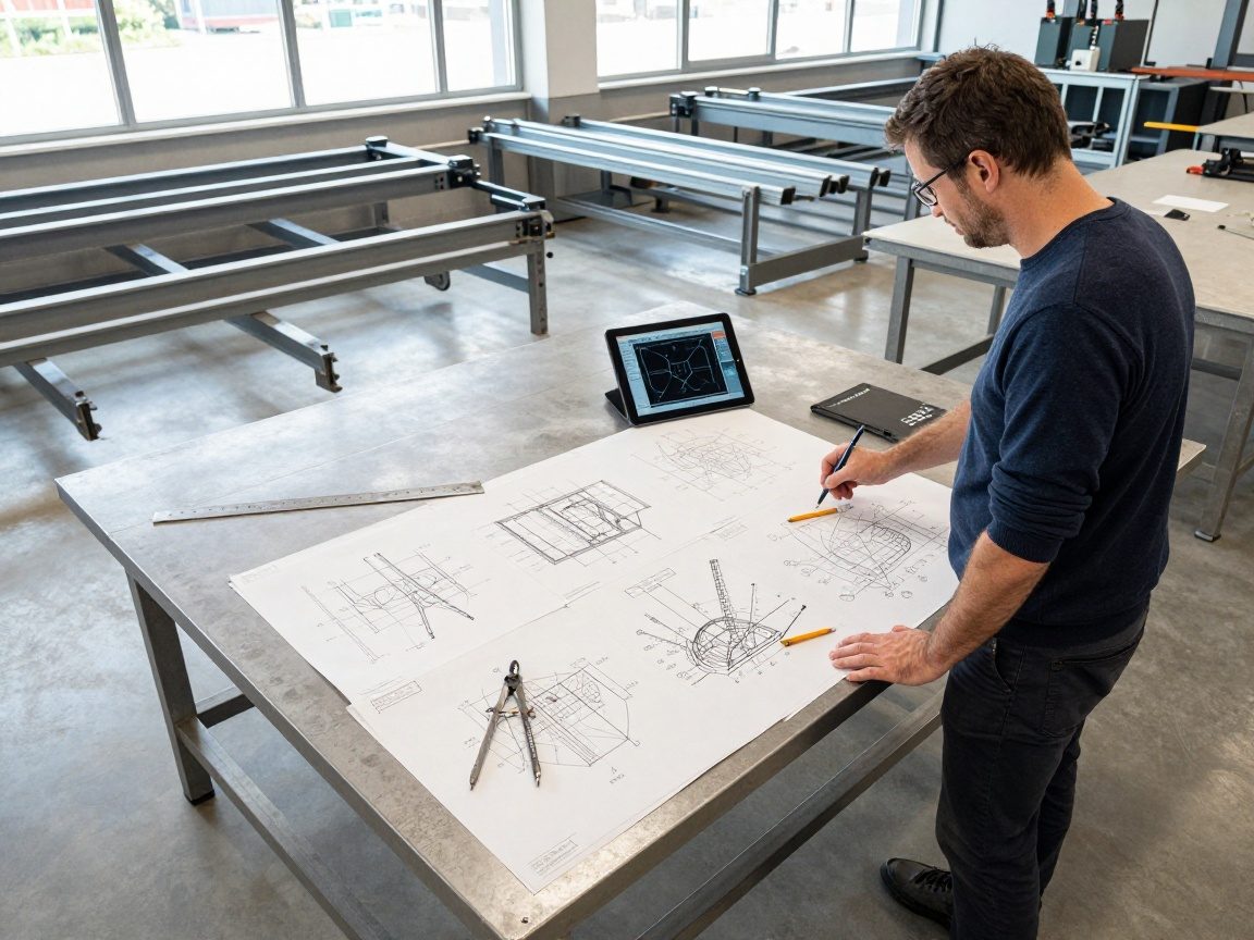 Ingenieur steht neben einem großen Stahl-Zeichentisch mit technischen Skizzen, Lineal, Zirkel und Tablet in moderner Werkstatt