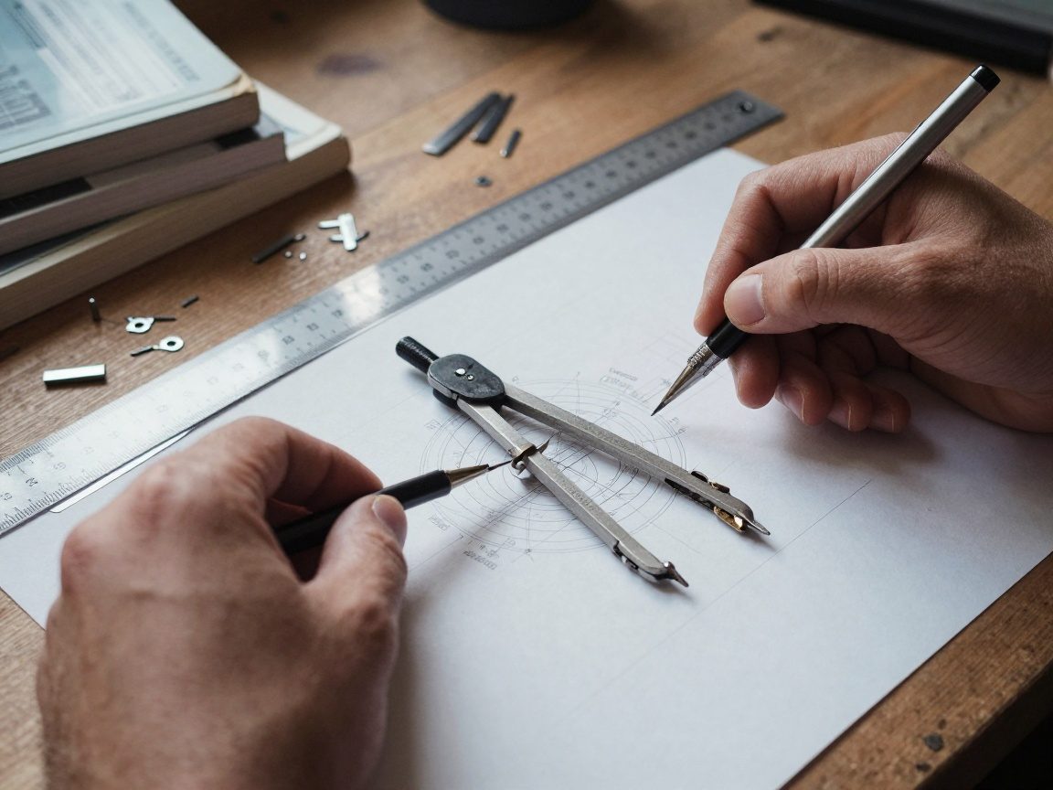 Nahaufnahme von Händen, die klassische Zeichenwerkzeuge wie Zirkel, Lineal und mechanischer Bleistift auf technischem Papier benutzen