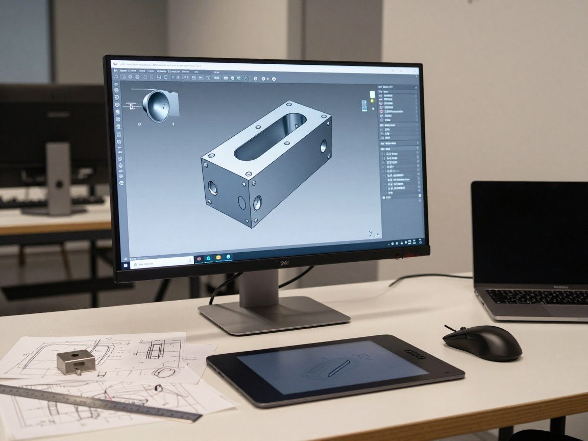 Schlosser arbeitet an einem 3D-CAD-Modell auf einem Monitor, während er einen Stylus und eine Maus benutzt; technische Zeichnungen liegen verstreut auf dem Tisch.
