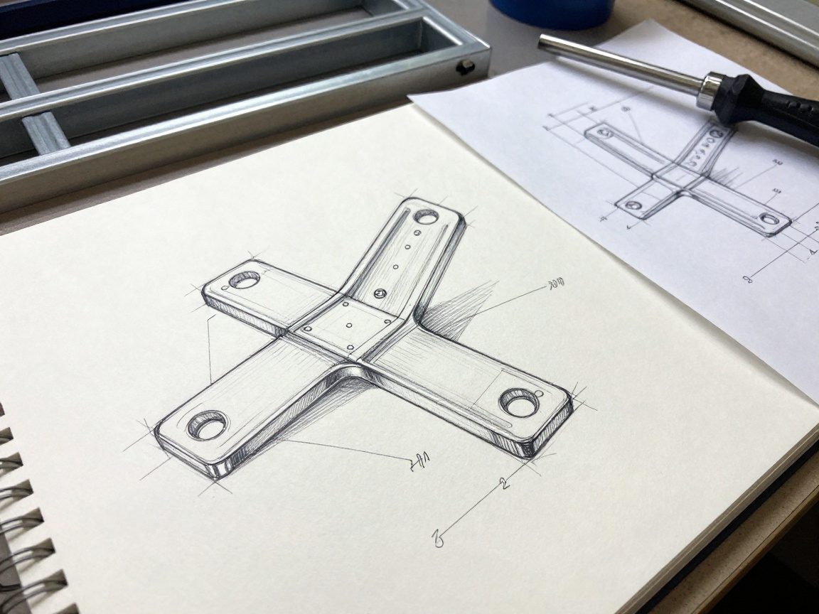 Detailaufnahme eines Skizzenblocks auf einem Zeichenbrett mit grobem Handskizze eines Stahlbrackets, daneben ein präzises technisches Blatt und ein teilweise zusammengebautes Metallgerüst mit einer Standby-Schweißlampe im Hintergrund