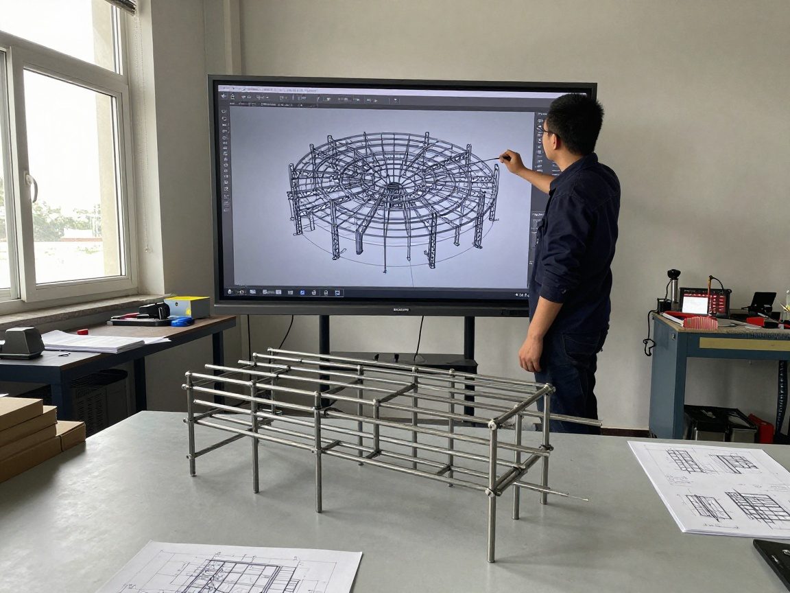 Ingenieur arbeitet an einem großen Bildschirm mit 3D-Modell einer Stahlstruktur, daneben ein physisches Prototyp aus Metallstäben, Zeichenbrett und Schweißstation