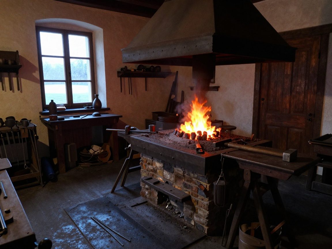 Weitwinkelaufnahme einer deutschen Schmiedewerkstatt im Morgengrauen: alte Schmiede, glühende Kohlen, Hammer auf der Werkbank und Fenster mit ersten Lichtstrahlen