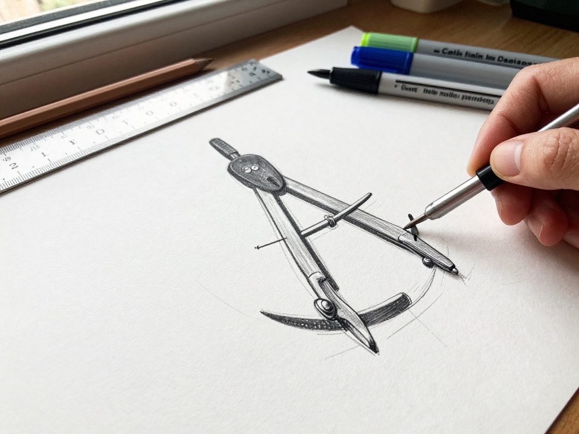 Nahaufnahme einer Hand, die mit Bleistift und Lineal ein Schmiededesign auf hochwertigem Skizzenpapier zeichnet