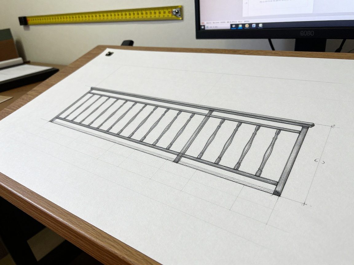 Halbtotalansicht eines Schmiedes mit Zeichenbrett, Perspektivengitter und CAD-Monitor zur Planung eines Balkongeländers