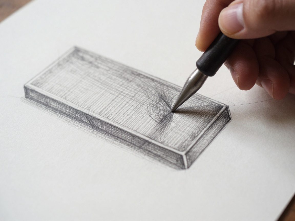 Schmied mit Handschuhen schattet eine metallische Oberfläche auf Papier, Kreuzschraffur betont Textur und Tiefe