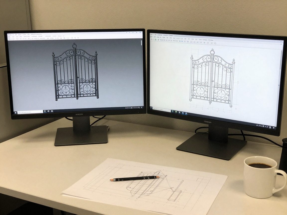 Breitwinkelaufnahme eines Schmiedes an einem Schreibtisch: Dual-Monitor-Setup zeigt 3D-CAD-Modell eines geschmiedeten Tor sowie technische 2D-Zeichnung, daneben Bleistift, Papier und Kaffeetasse