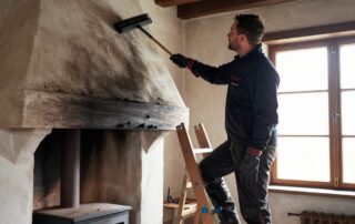 Professioneller Schornsteinfeger mit schwarzem Jackett und Handschuhen steht auf einer Holzleiter neben einem Ölkamin, hält Reinigungswerkzeug, Schornsteinwände sind verschmutzt