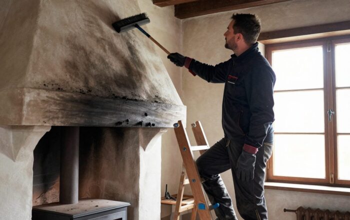Professioneller Schornsteinfeger mit schwarzem Jackett und Handschuhen steht auf einer Holzleiter neben einem Ölkamin, hält Reinigungswerkzeug, Schornsteinwände sind verschmutzt