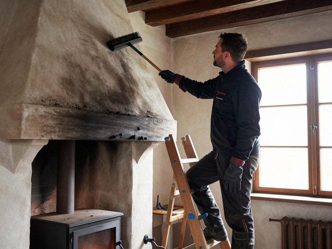Professioneller Schornsteinfeger mit schwarzem Jackett und Handschuhen steht auf einer Holzleiter neben einem Ölkamin, hält Reinigungswerkzeug, Schornsteinwände sind verschmutzt