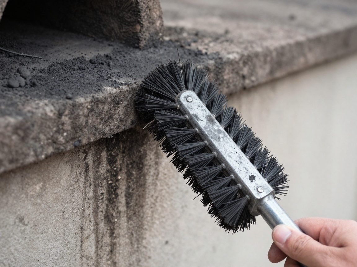 Schornsteinfeger hält Metallbürste an die Innenwand eines Kaminzugs, um Ruß zu entfernen – Nahaufnahme mit natürlichem Licht