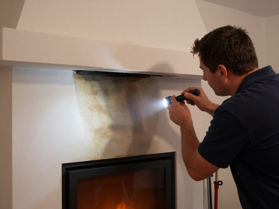 Schornsteinfeger prüft Kaminzug in deutschem Haus, Licht reflektiert auf Metallwerkzeug