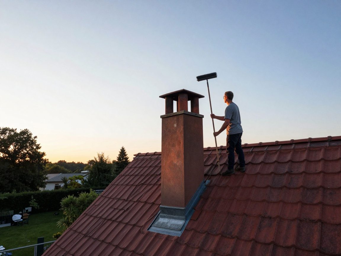 Schornsteinfeger steht neben einem Außenkamin eines deutschen Hauses und hält eine Reinigungsbürste, während die Sonne im Hintergrund untergeht.